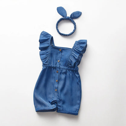 Newborn Photo Baby Girl Blue Ruffle Denim Romper Bunny Headband Set Soft