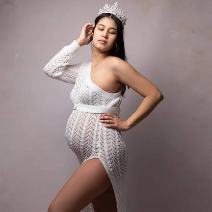 Maternity High Slit Knitted Dress One Shoulder Long Skirt
