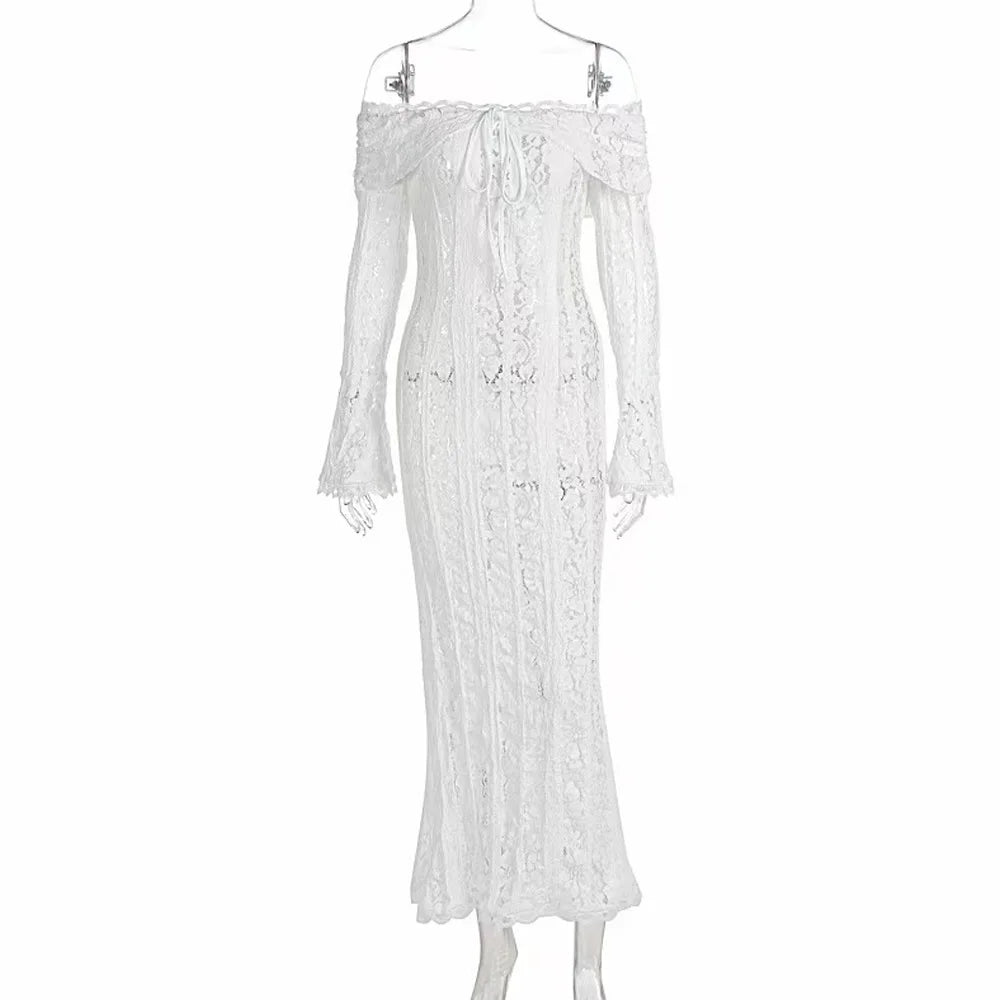 Maternity Elegant One Shoulder Long Sleeved Lace Dress Baby Shower