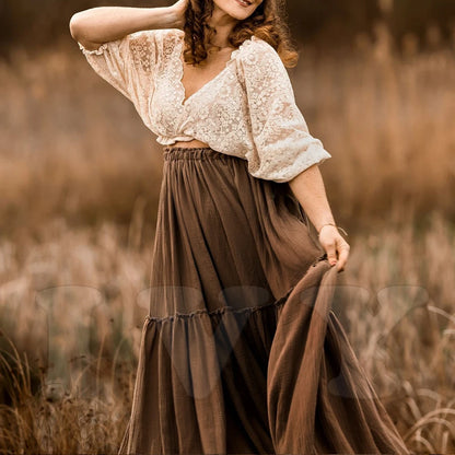 Maternity Bohemian Dual Color Design Two-pieces Set Vintage Lace Top Linen Cotton Skirt