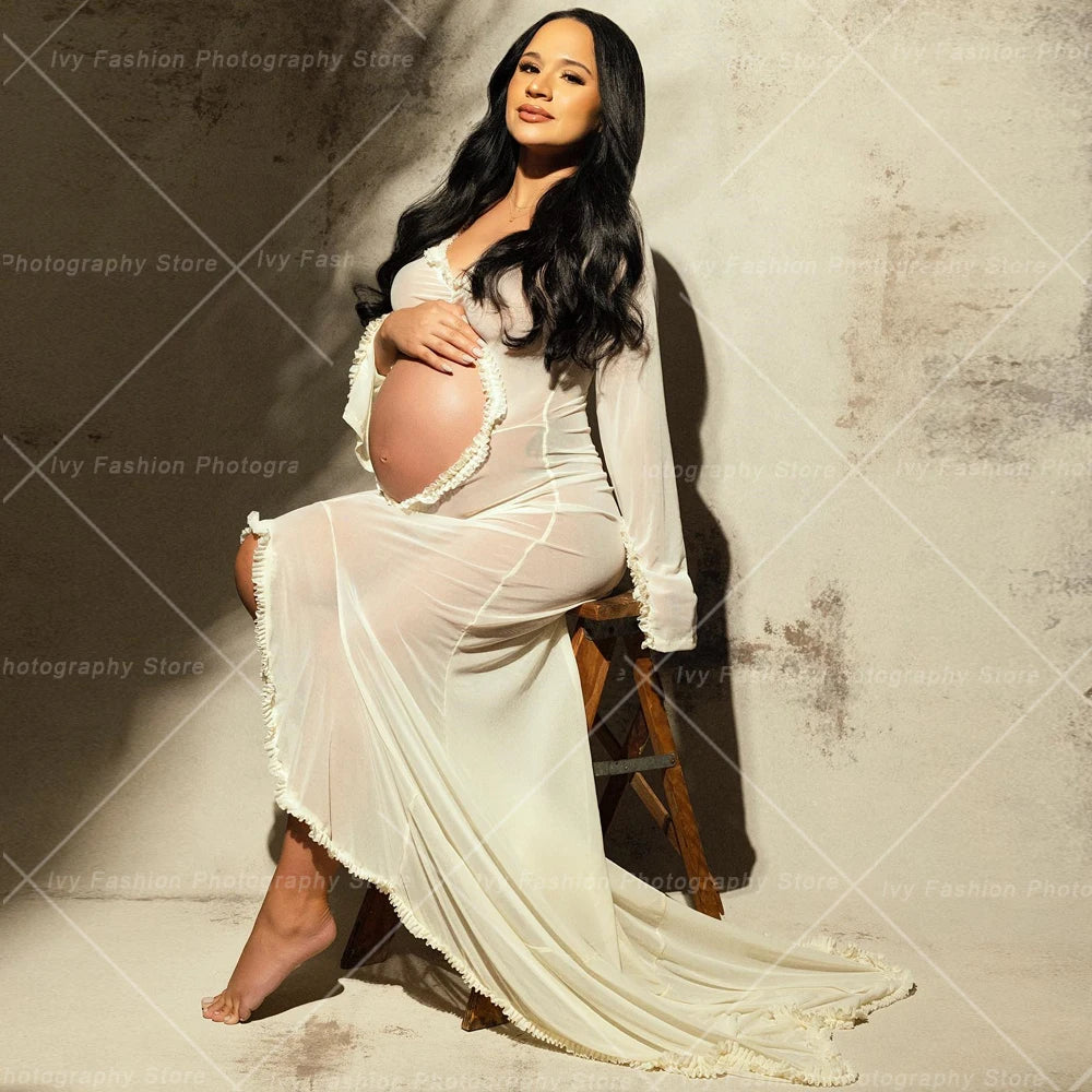 Maternity Dress Gown Transparent Ruffle Woman Belly Hollowed Out Long Sleeved Baby Shower