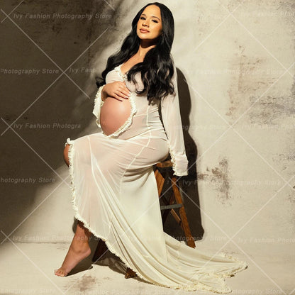 Maternity Dress Gown Transparent Ruffle Woman Belly Hollowed Out Long Sleeved Baby Shower