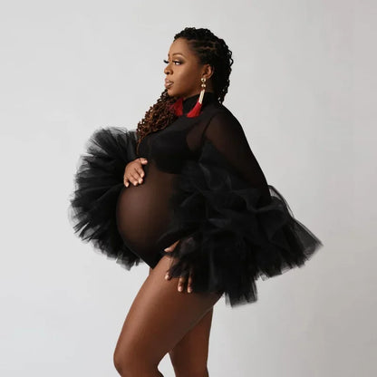 Maternity Bodysuit Puffy Ruffled Sleeve Black See Thru Tulle Dress