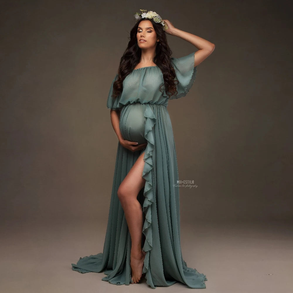 Maternity Shoulder Ruffle Sleeve Chiffon Dress