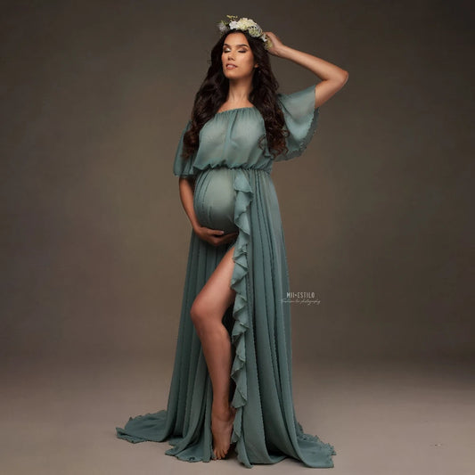 Maternity Shoulder Ruffle Sleeve Chiffon Dress