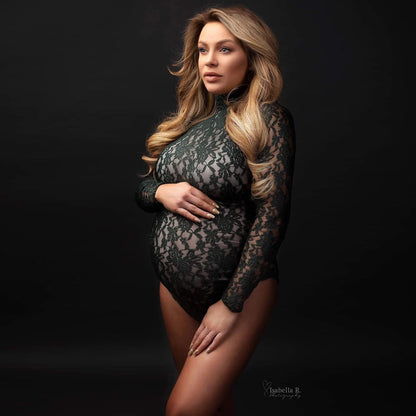 Maternity Dress Stretchy Lace Bodysuit Removable Chiffon Sides Slit Skirt