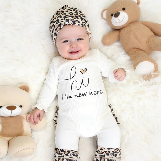 Newborn Baby Girl Romper Set Leopard Print Ribbed Cotton Headband Hi Im New Here