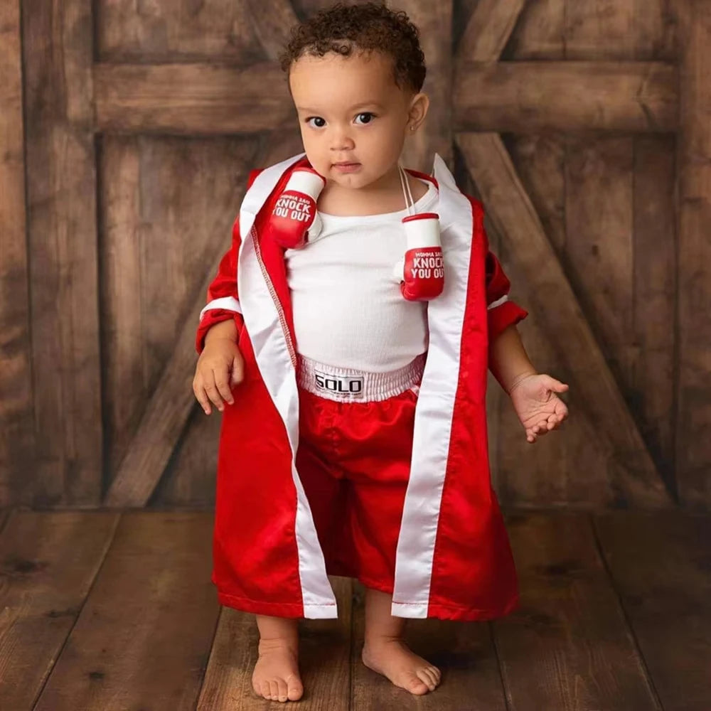 Custom Name Baby Boxing Outfit Newborn Photography Props Infant Photoshoot Costume Studio Clothes Boxer Robe Shorts Set