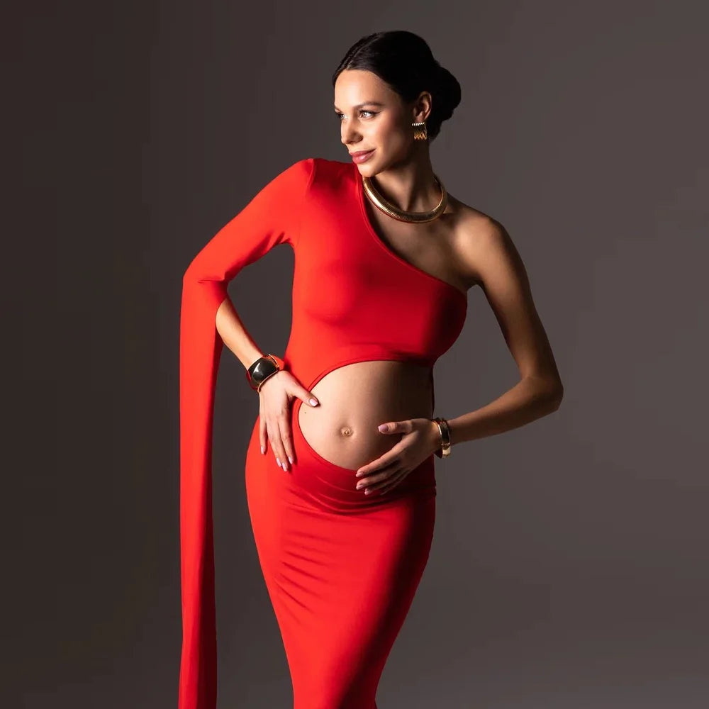 Maternity Baby Showers Hollow Out Design Red Dress One Shoulder Extra Long Sleeves
