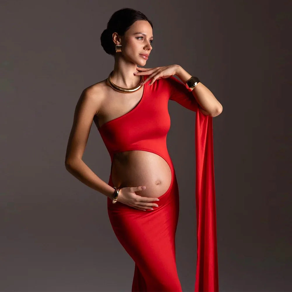 Maternity Baby Showers Hollow Out Design Red Dress One Shoulder Extra Long Sleeves
