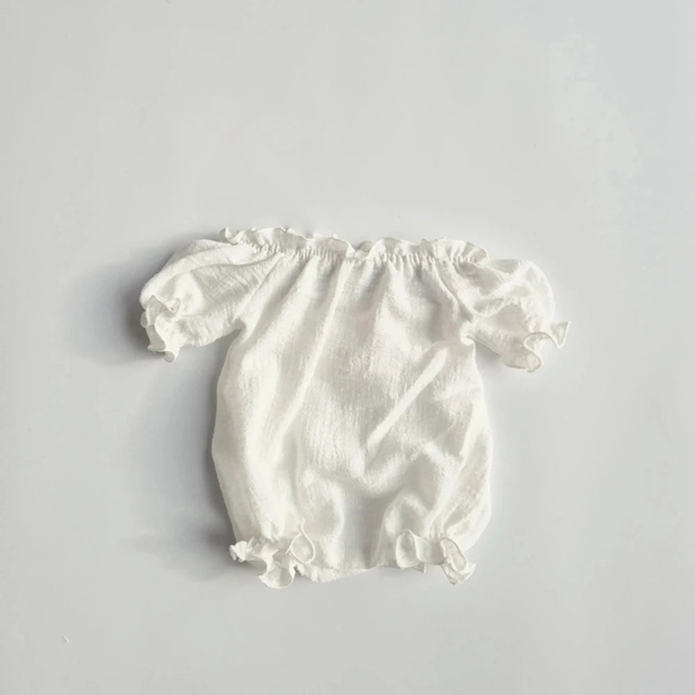 Newborn Romper Off Shoulder Back Cutout Ruffle Detail Baby White