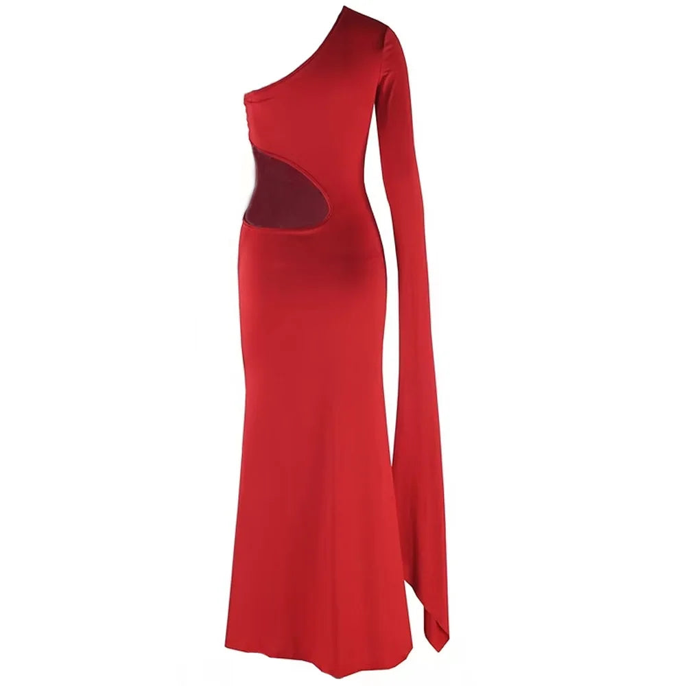 Maternity Baby Showers Hollow Out Design Red Dress One Shoulder Extra Long Sleeves