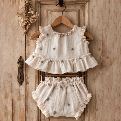 Baby Girl Romper Set Cream White Floral Embroidered Ruffle Shorts Outdoor Field Maternity Sibling