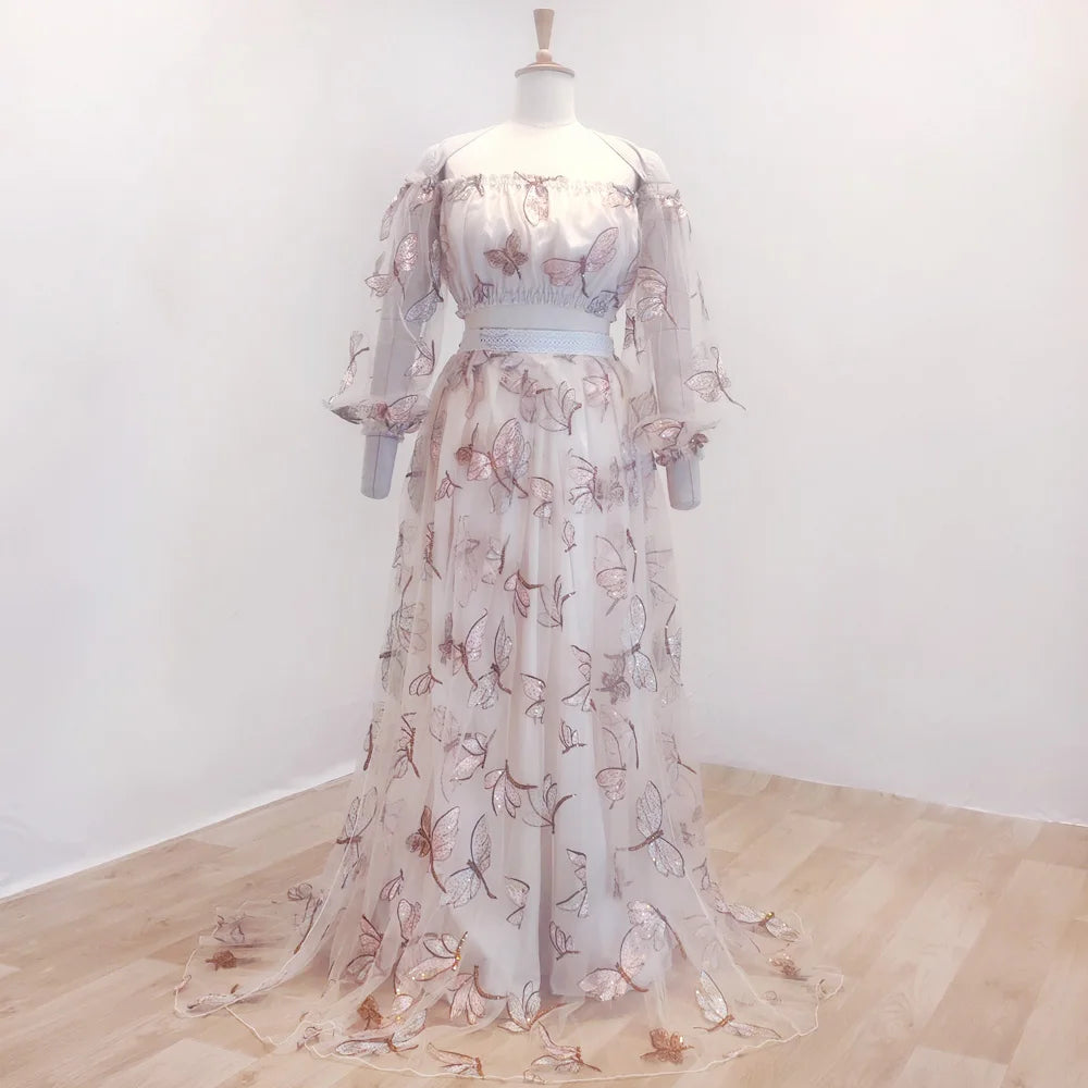 Elegant Photo Shoot Dress For Women Mesh Embroidery Sequins Off Shoulder Long Sleeves Dress Maternity Dresses For Baby Showers