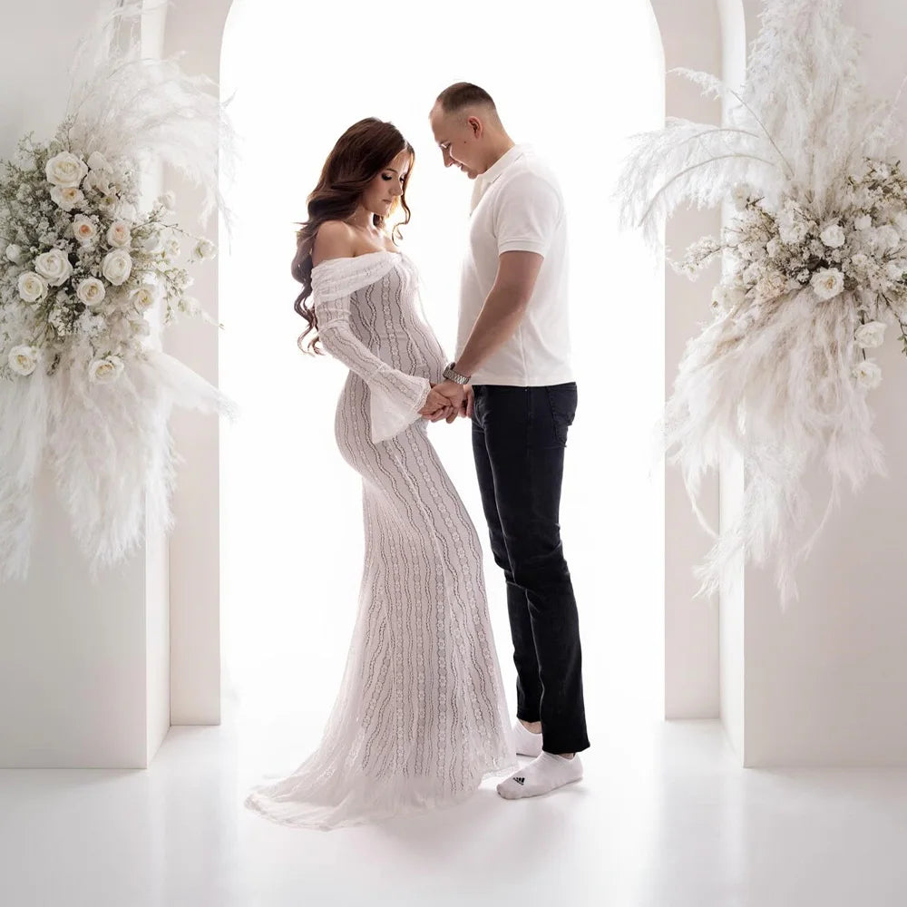 Maternity Elegant One Shoulder Long Sleeved Lace Dress Baby Shower