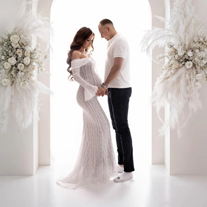Maternity Elegant One Shoulder Long Sleeved Lace Dress Baby Shower