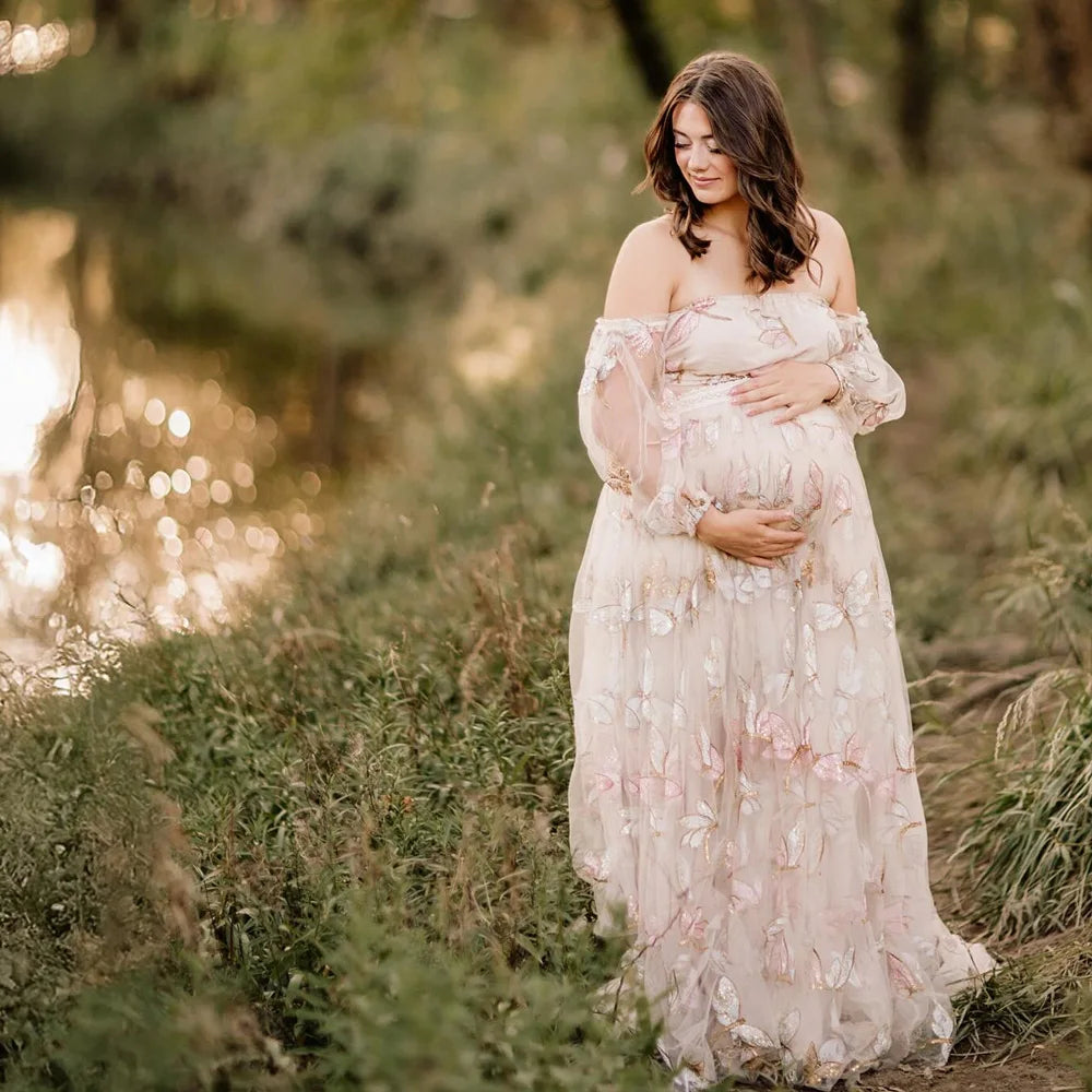 Elegant Photo Shoot Dress For Women Mesh Embroidery Sequins Off Shoulder Long Sleeves Dress Maternity Dresses For Baby Showers