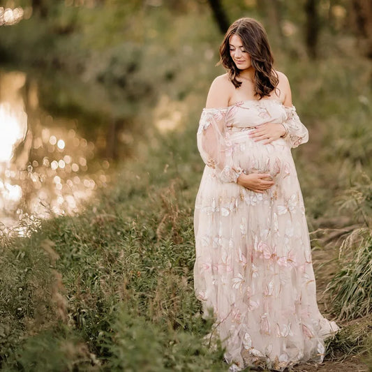 Elegant Photo Shoot Dress For Women Mesh Embroidery Sequins Off Shoulder Long Sleeves Dress Maternity Dresses For Baby Showers