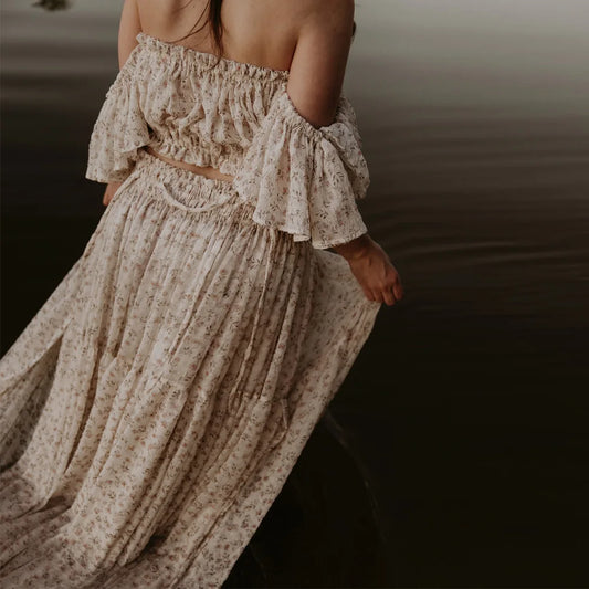 Maternity Dress Off-Shoulder Sweet Print Chiffon Maternity Gown Baby Shower Gender Reveal Dress Pregnancy Photoshoot Dress