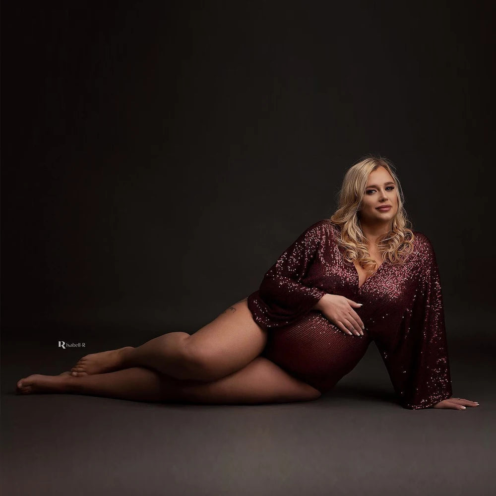 Maternity Sequins Bodysuit Shiny Long Sleeve Jumpsuit
