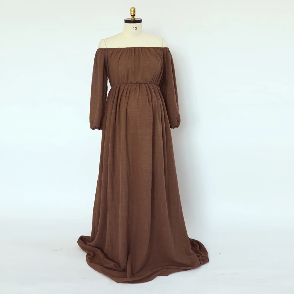 Maternity Bohemian Dress Comfort Linen Cotton One Shoulder Boho Style Baby Shower