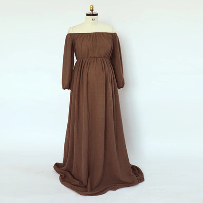 Maternity Bohemian Dress Comfort Linen Cotton One Shoulder Boho Style Baby Shower
