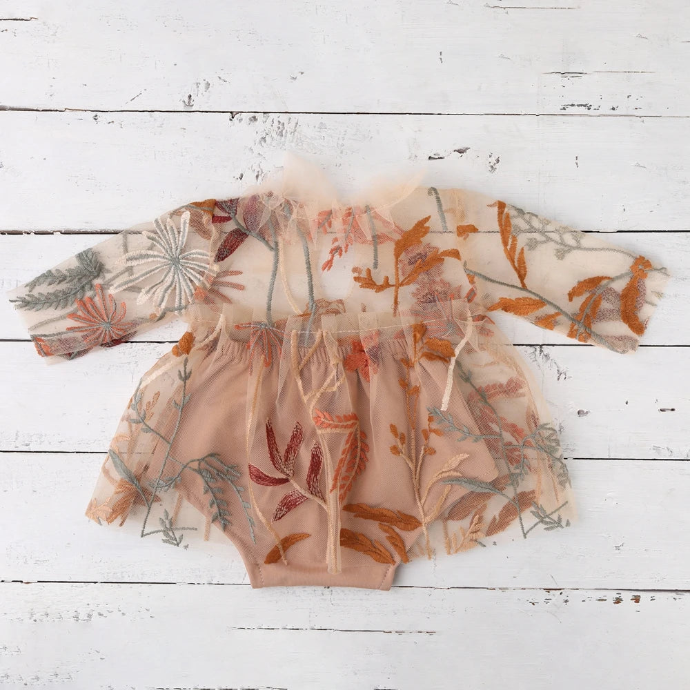 Newborn Girl Dress Embroidered Floral Tulle Boho Newborn Set