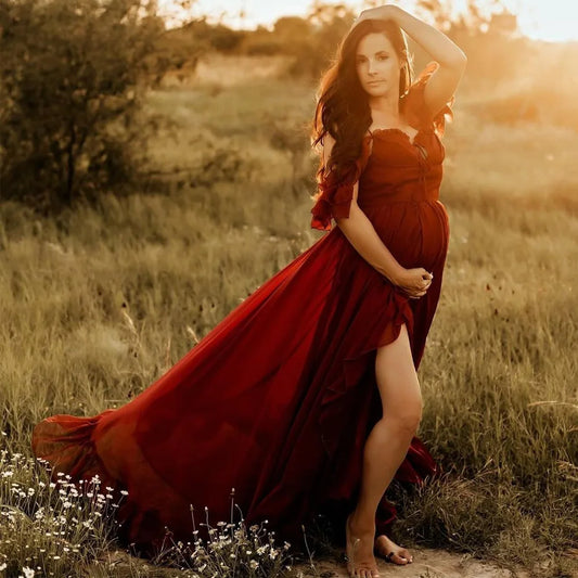 Maternity Photography Photography Studio Costumes Wine Red Elegant Chiffon Dress Photo Shoot Dress For Pregnant Women