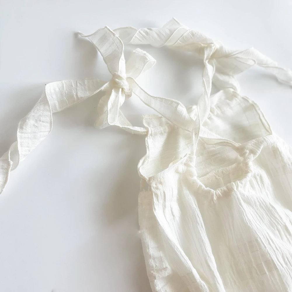 Newborn Romper White Ruffled Tie Strap Baby Photo Soft Studio Shoot