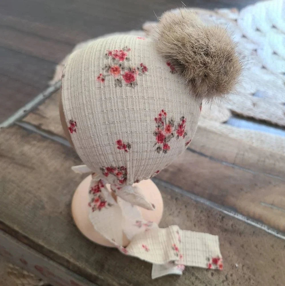 Floral Bonnet Baby Pom Hat Headband Newborn Girl