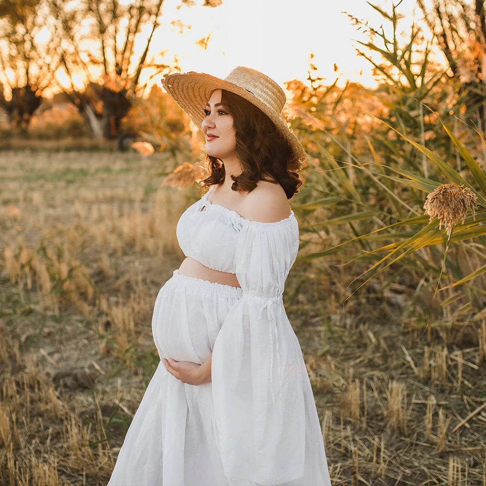 Maternity Linen Cotton Long Sleeved One Shoulder Elegant Two-piece Set Dress