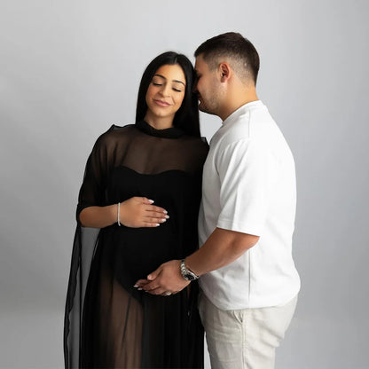 Maternity Translucent Black Chiffon Cloak Cape Dress