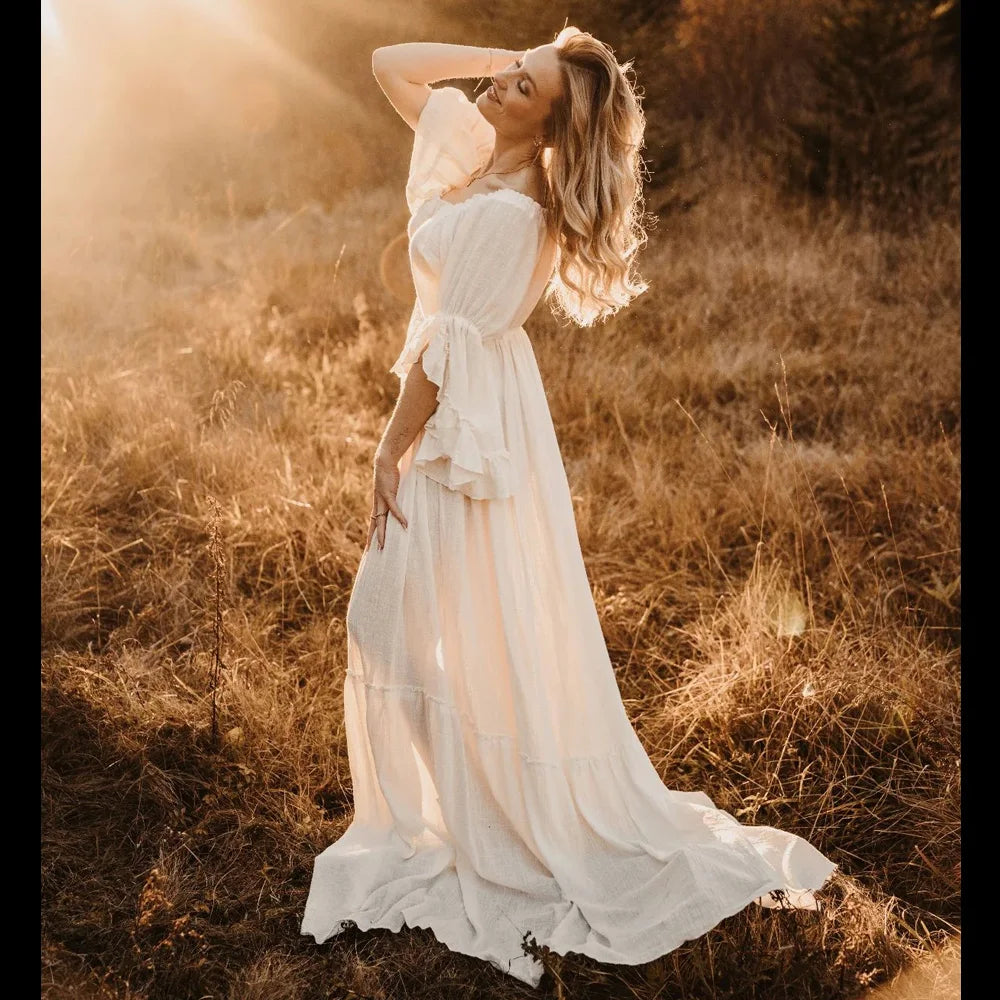 Maternity Comfortable Linen Cotton One Shoulder Lace Long Sleeved Dress