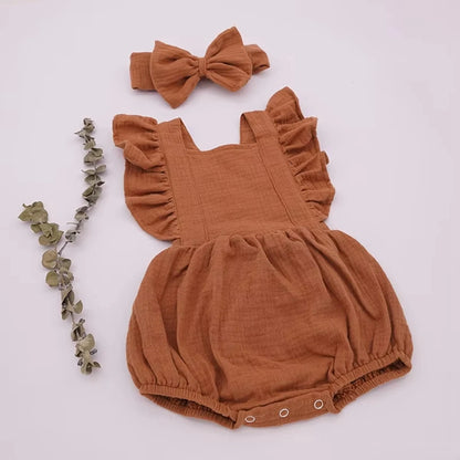Personalized Baby Girl Muslin Romper Ruffle Shoulders Custom Name Embroidery Bow Headband