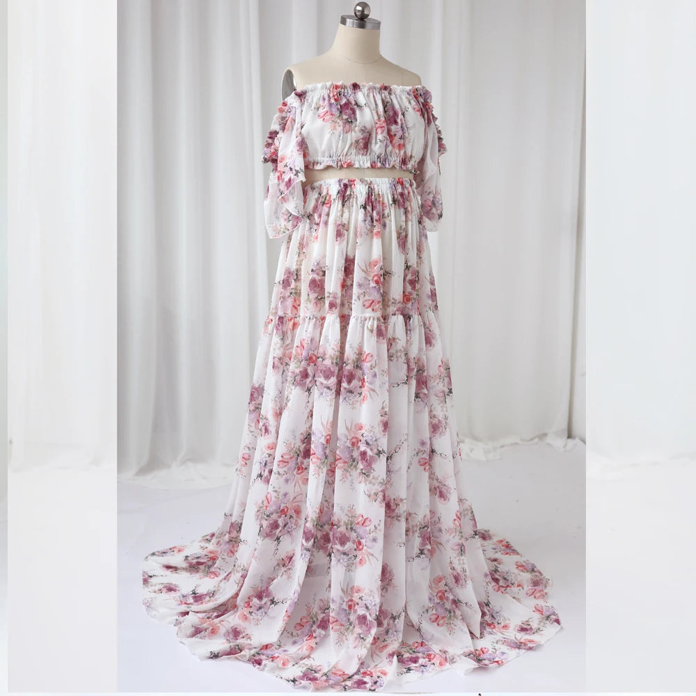 Maternity Dress Floral Chiffon Two-piece Long Sleeved Short Top Baby Showers