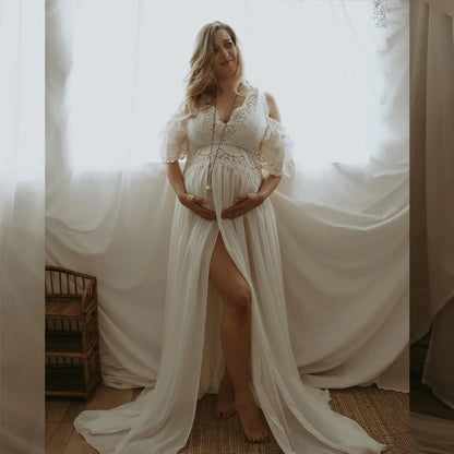 Maternity Elegant V-neck Embroidered Cotton Lace Chiffon Dress