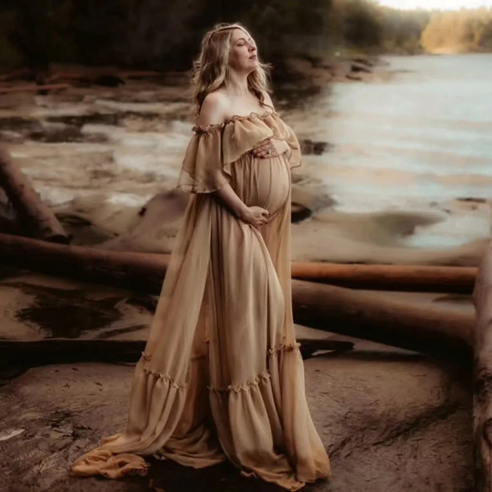 Maternity Dresses For Photo Shoot Elegant Chiffon Off Shoulder Pleated Hem Mop Dress Photography Dress For Women
