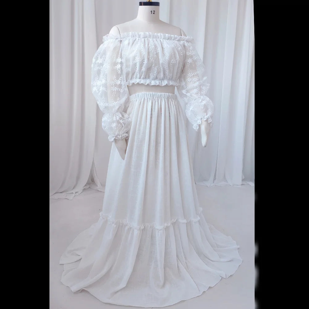 Maternity Bohemian Lace One Shoulder Short Top Linen Cotton Dress Baby Showers