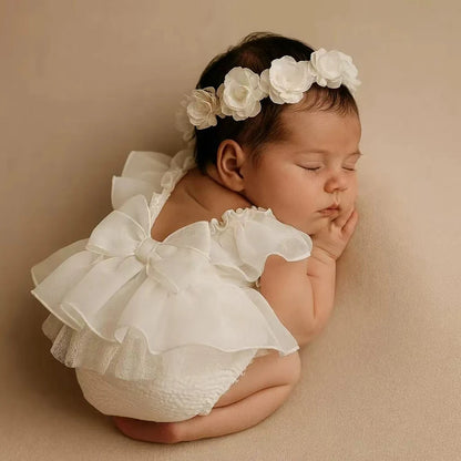 Magical White Angel Wing Ruffled Tulle Dress Back Bow Newborn Photo Newborn Set
