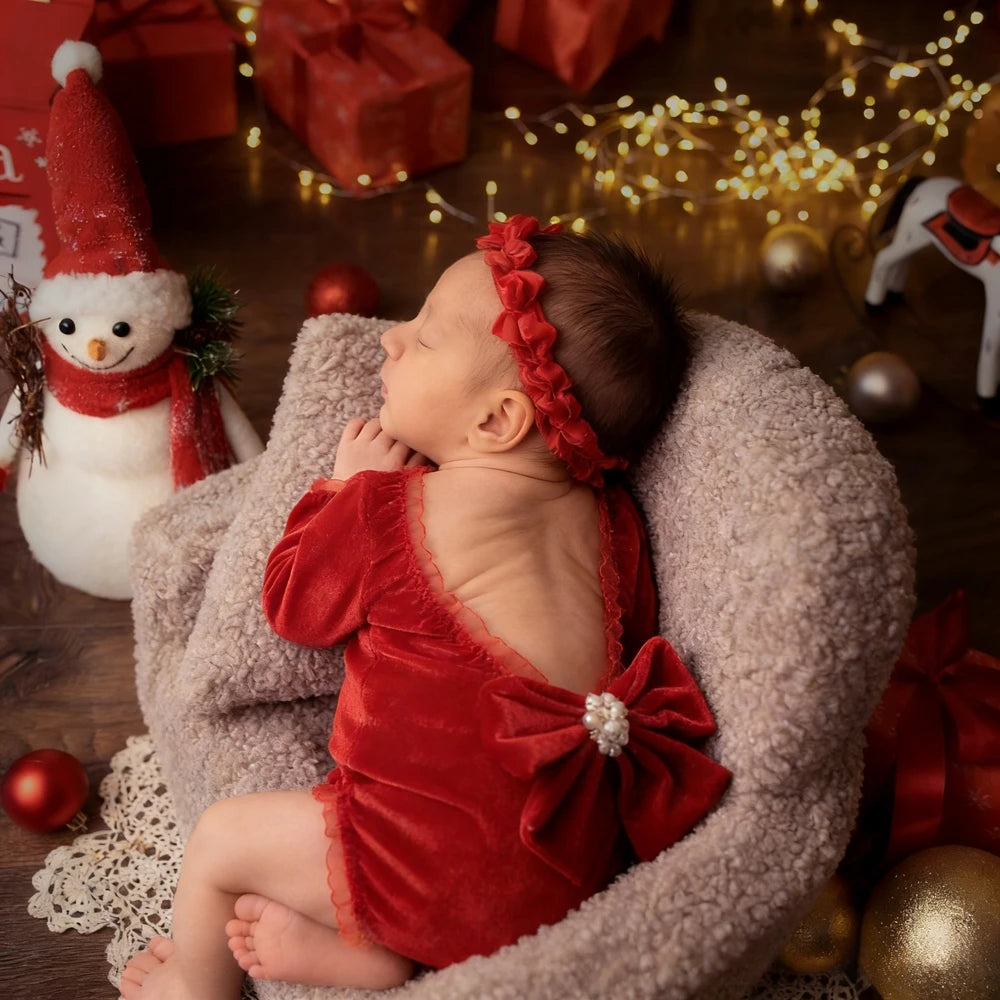 Newborn Baby Girl Red Velvet Christmas Romper Photo Bodysuit Off-shoulder Bow 0-3m