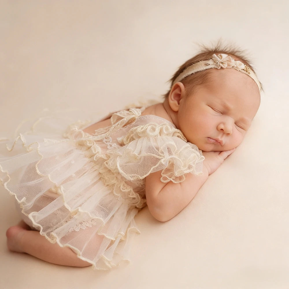 Lace Tutu Romper Newborn Beige Tulle Bodysuit Baby Dress