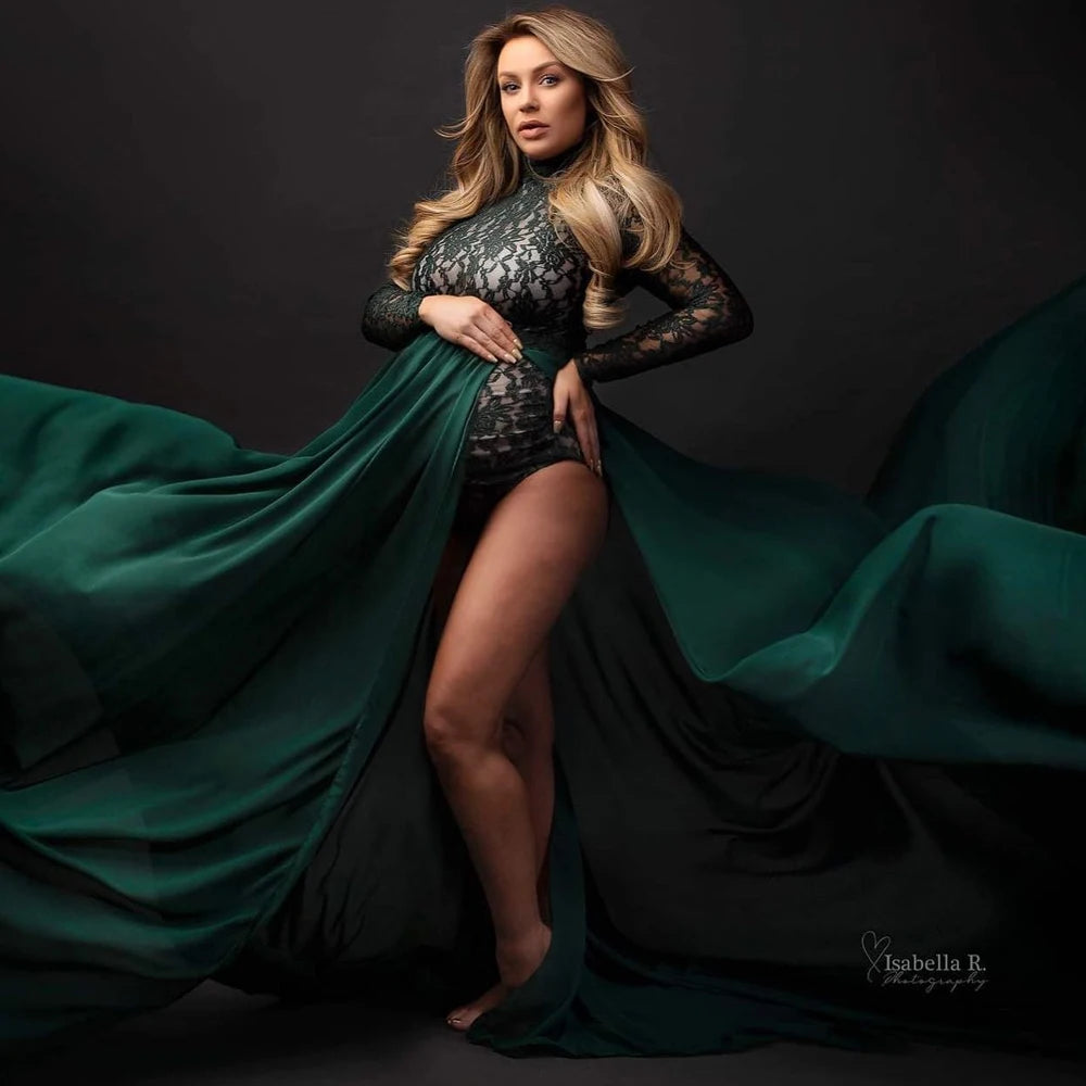 Maternity Dress Stretchy Lace Bodysuit Removable Chiffon Sides Slit Skirt
