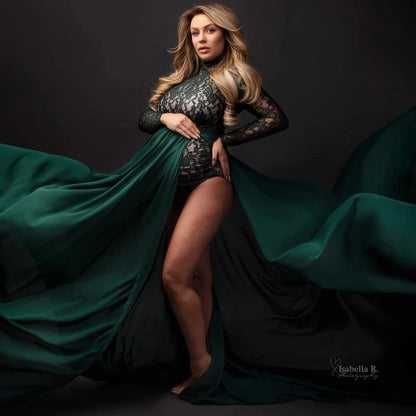 Maternity Dress Stretchy Lace Bodysuit Removable Chiffon Sides Slit Skirt