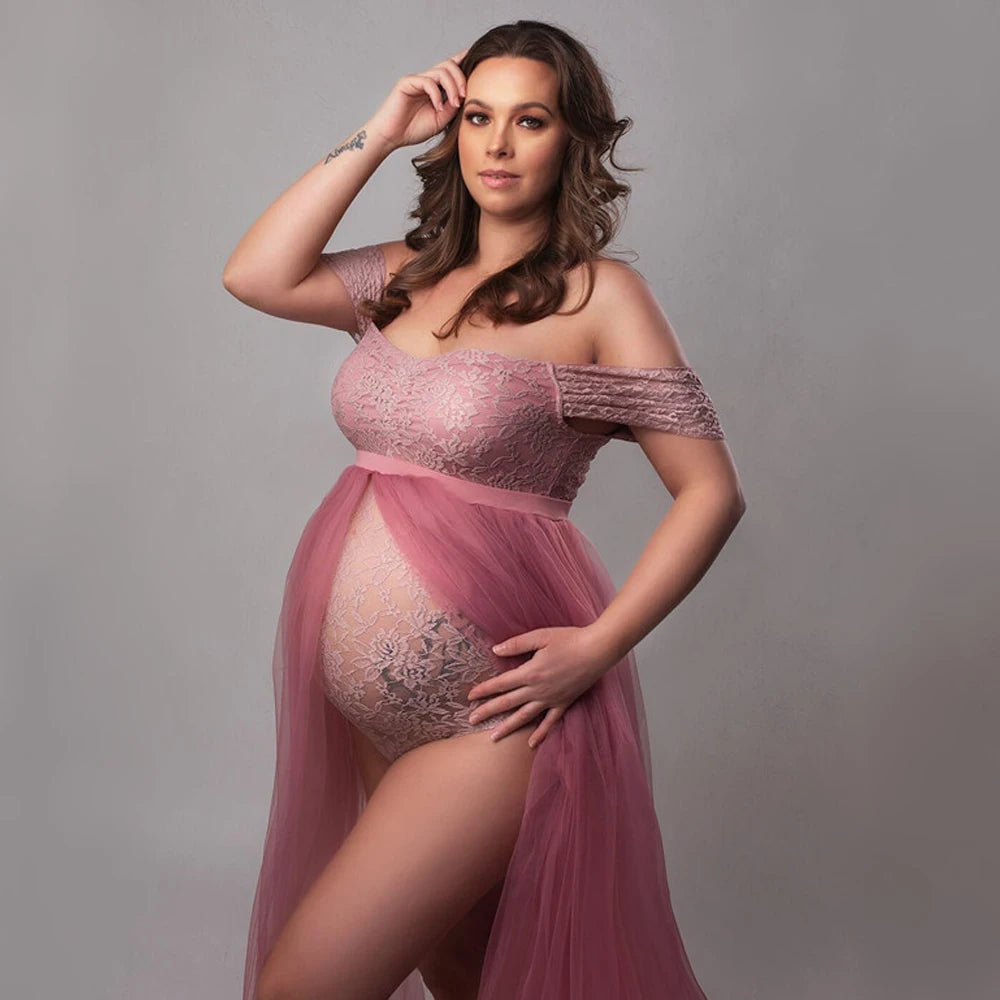 Maternity Bohemian Lace Bodysuit Tulle Long Dress Boho Style