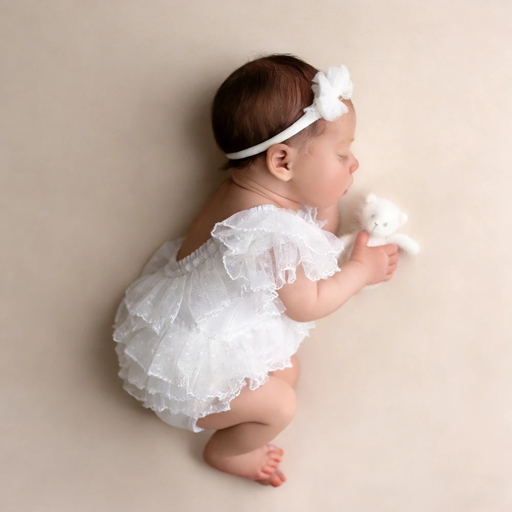 Baby Girl White Ruffle Romper Bow Headband Tulle Layered