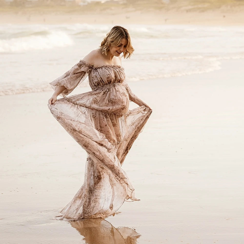 Maternity Printed Chiffon Long Sleeved Shoulder Material Elegant Dress