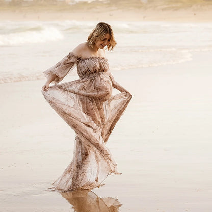 Maternity Printed Chiffon Long Sleeved Shoulder Material Elegant Dress