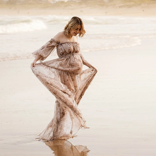 Maternity Printed Chiffon Long Sleeved Shoulder Material Elegant Dress
