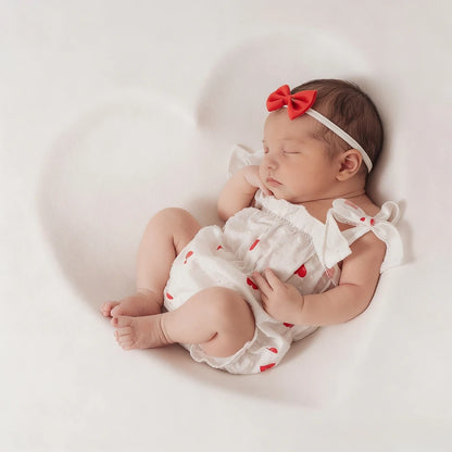 Newborn Baby Girl White Heart Print Lace Shoulder Romper Princess Costume