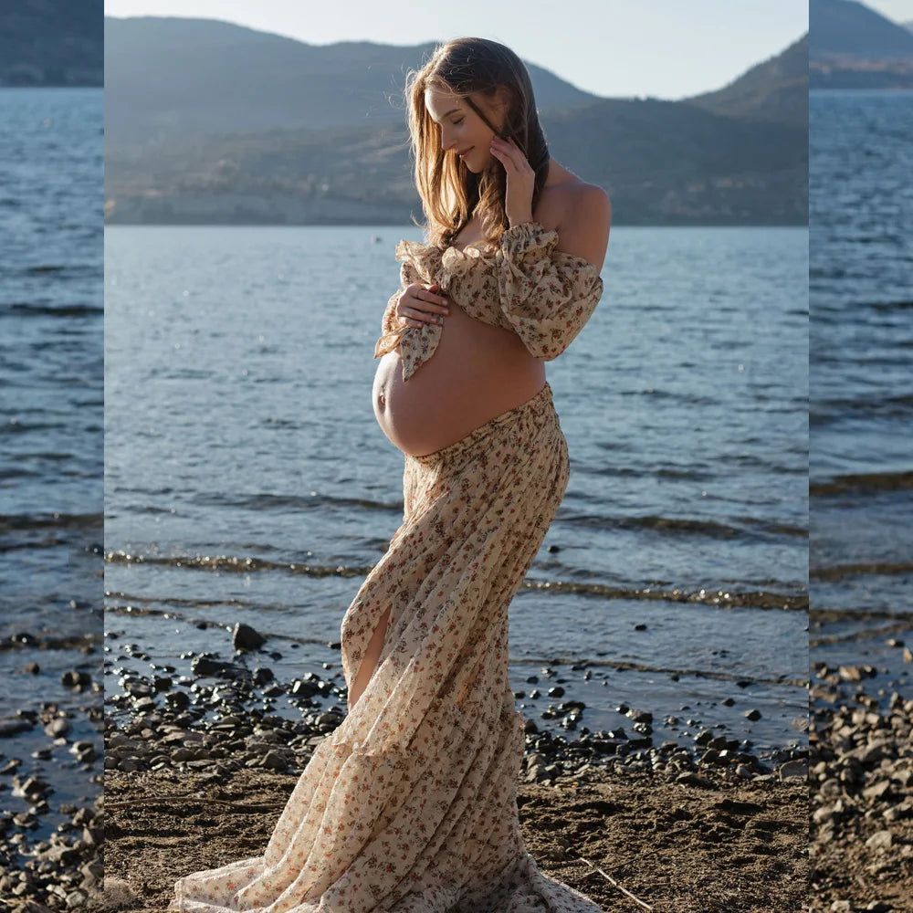 Bohemian Maternity Photo Dress Flowing Printed Chiffon Ruffle Edge Off Shoulder Two-piece Dress Set Photography Dress For Women